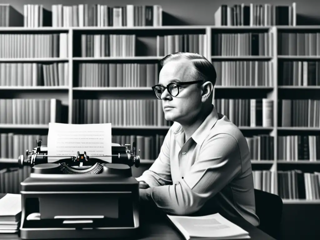 Truman Capote concentrado en su escritura, rodeado de libros y papeles