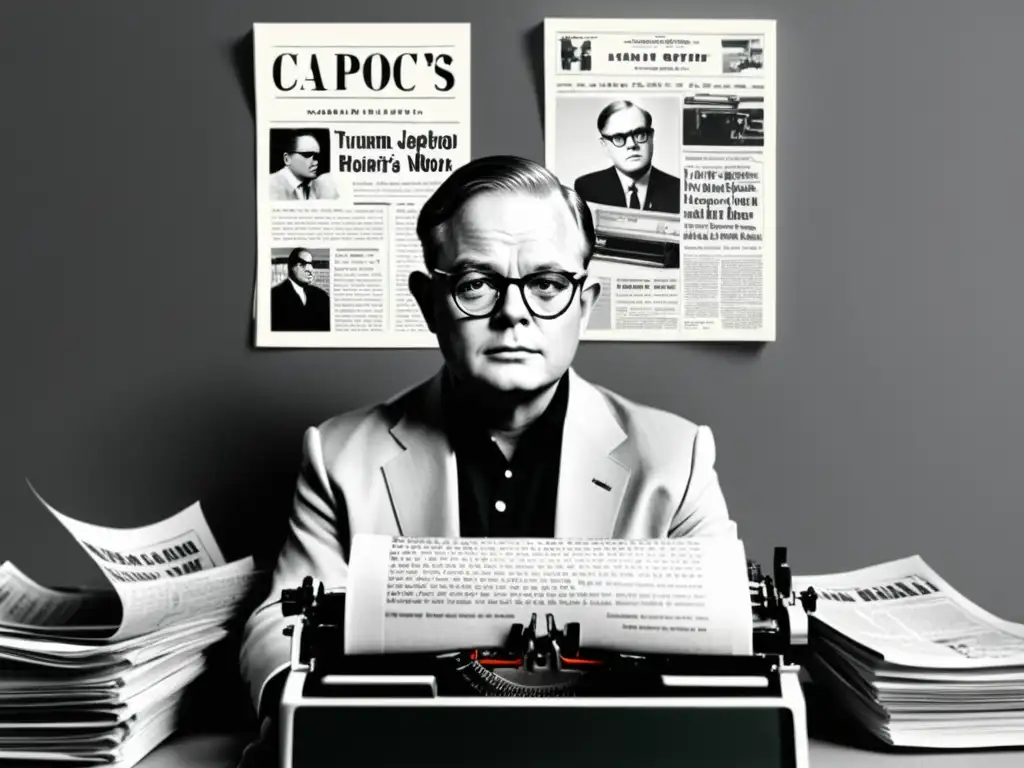 Truman Capote concentrado en su escritura, rodeado de recortes y notas, reflejando su dedicación a la crónica periodística