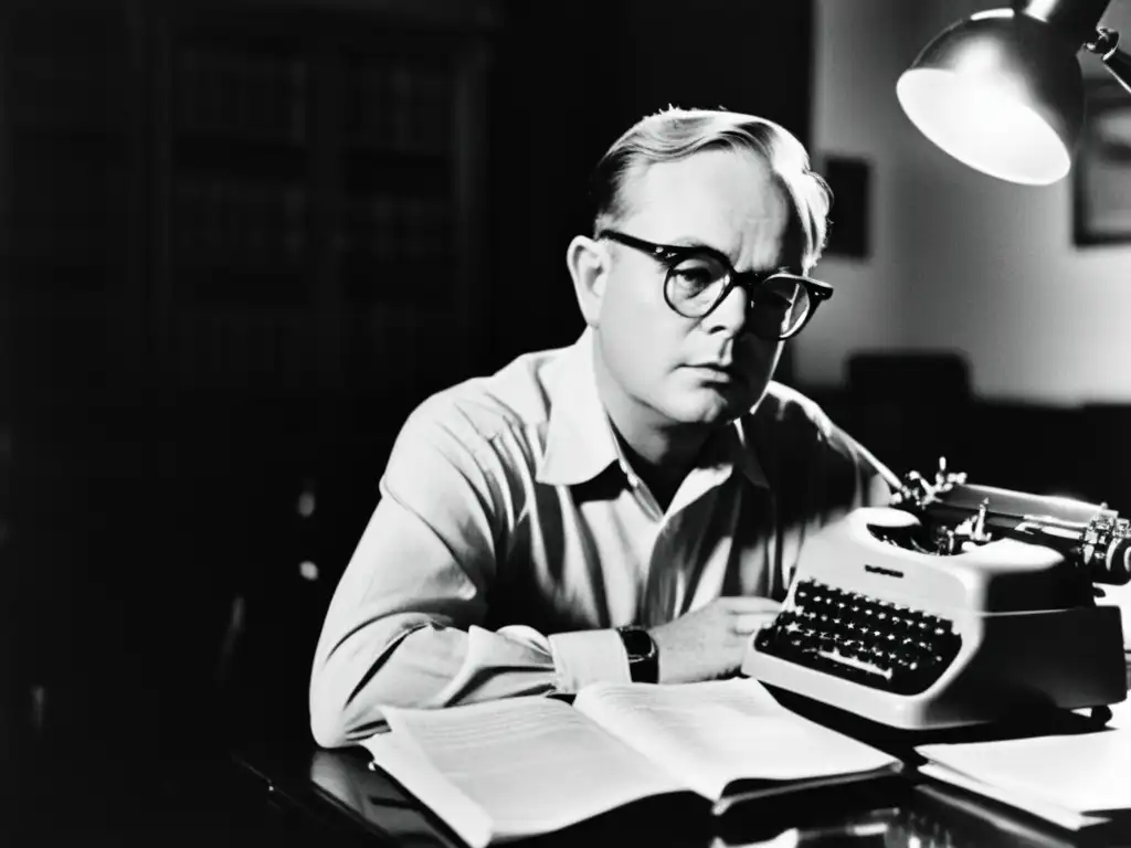 Truman Capote concentrado en su escritura de 'A sangre fría', con papeles y notas esparcidos