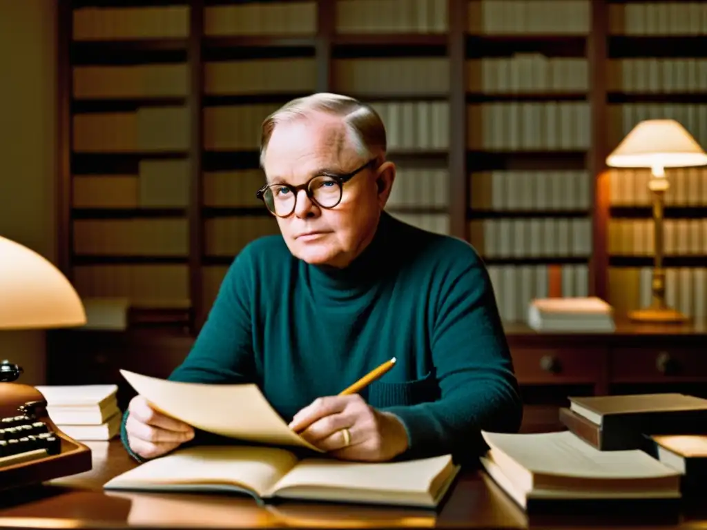 Truman Capote se encuentra frente a su escritorio, rodeado de libros y papeles, con una expresión reflexiva