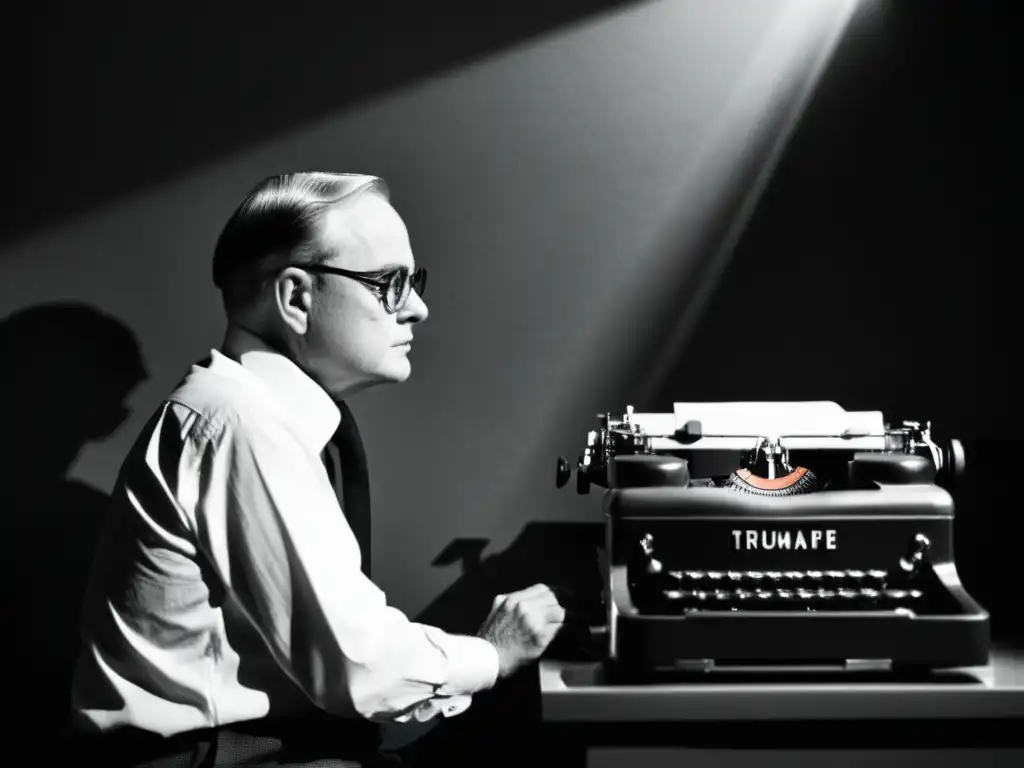 Truman Capote, maestro de la crónica periodística, se sienta frente a su máquina de escribir en penumbra, sumido en profundos pensamientos