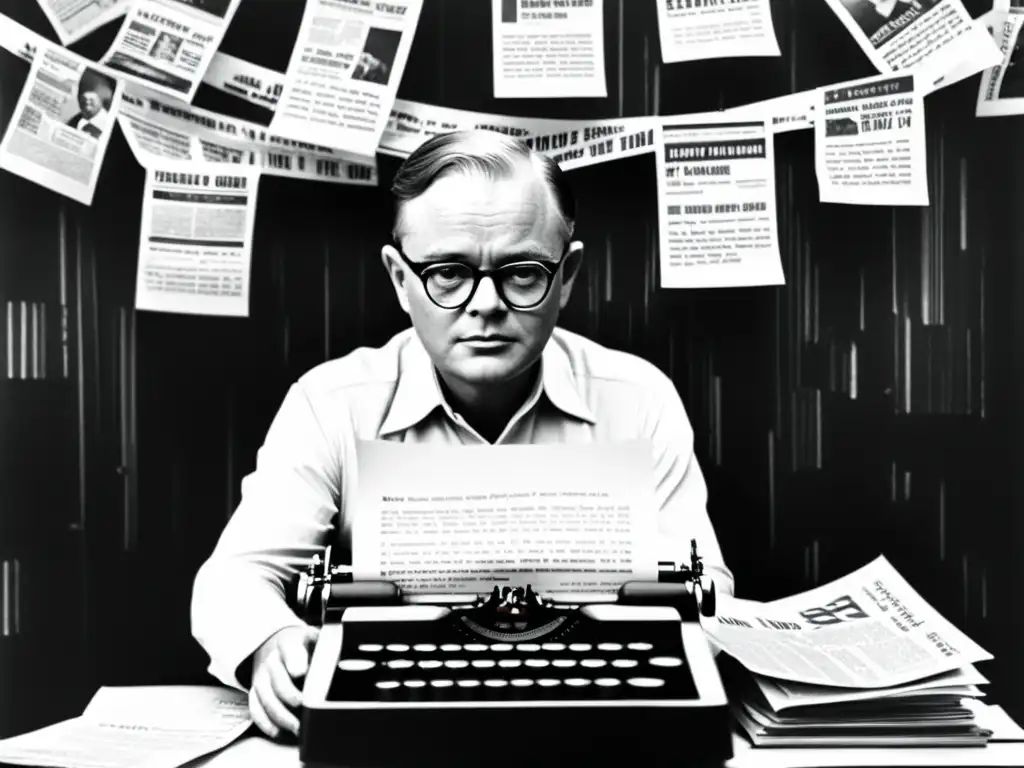 Truman Capote en su máquina de escribir, inmerso en su crónica periodística 'A sangre fría', rodeado de notas y recortes de periódico