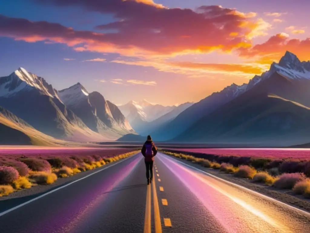 Una carretera infinita flanqueada por montañas y un lago, bajo un cielo colorido