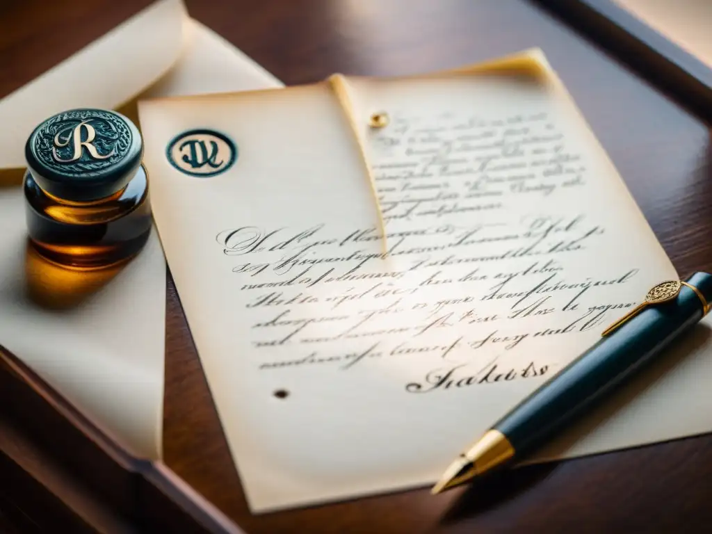 Una carta escrita a mano con elegante caligrafía y sellada con cera y un sello monogramado, reposa sobre un escritorio vintage junto a una pluma, un tintero y otras cartas similares