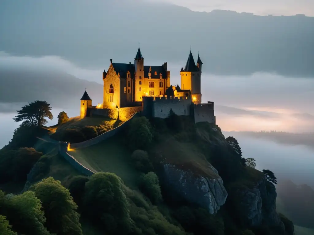 Un castillo antiguo en la cima de un acantilado, iluminado por una sola ventana, rodeado de densa neblina