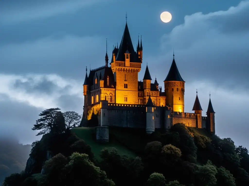 Castillo gótico en Drácula: iluminación dramática resalta arquitectura misteriosa, rodeado de niebla y luna ominosa