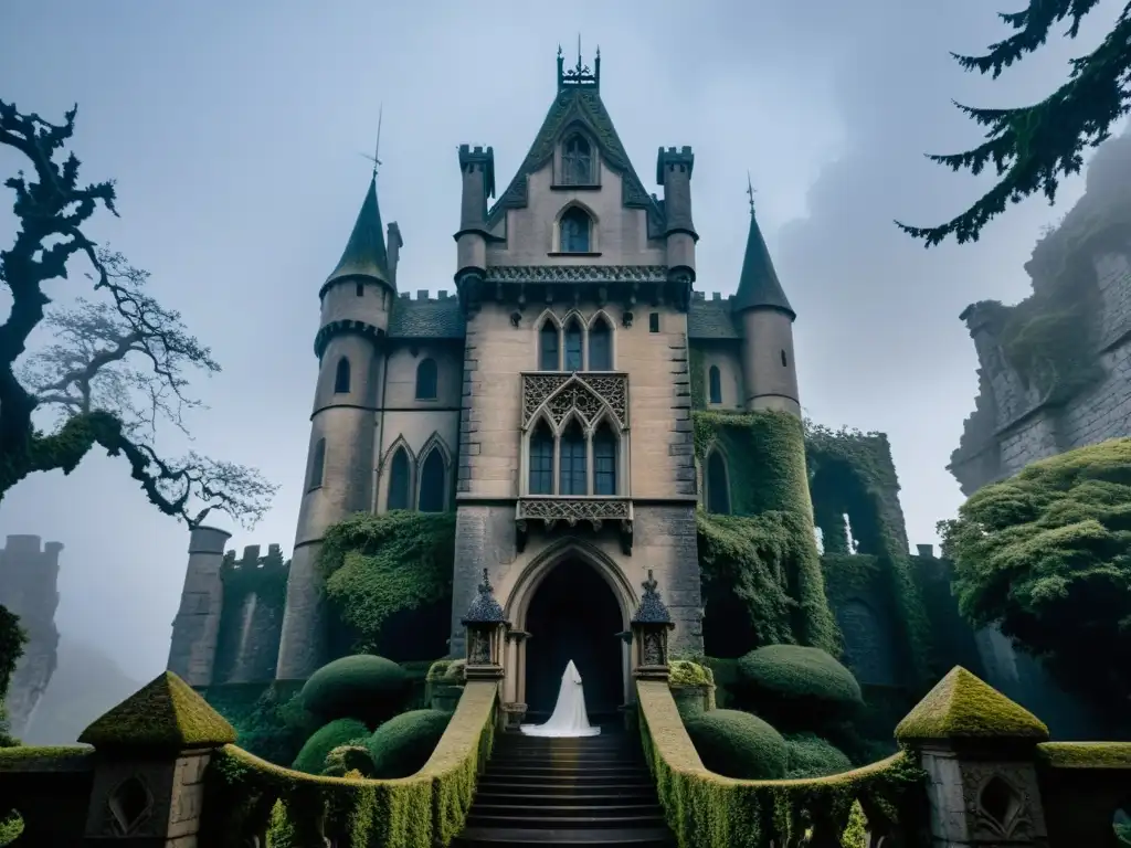 Castillo gótico iluminado por la luna en un acantilado, rodeado de niebla y árboles retorcidos