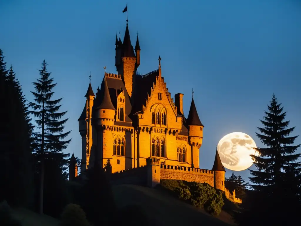 Castillo gótico iluminado por la luna entre pinos altos, evocando misterio y contrastes literatura romántica gótica