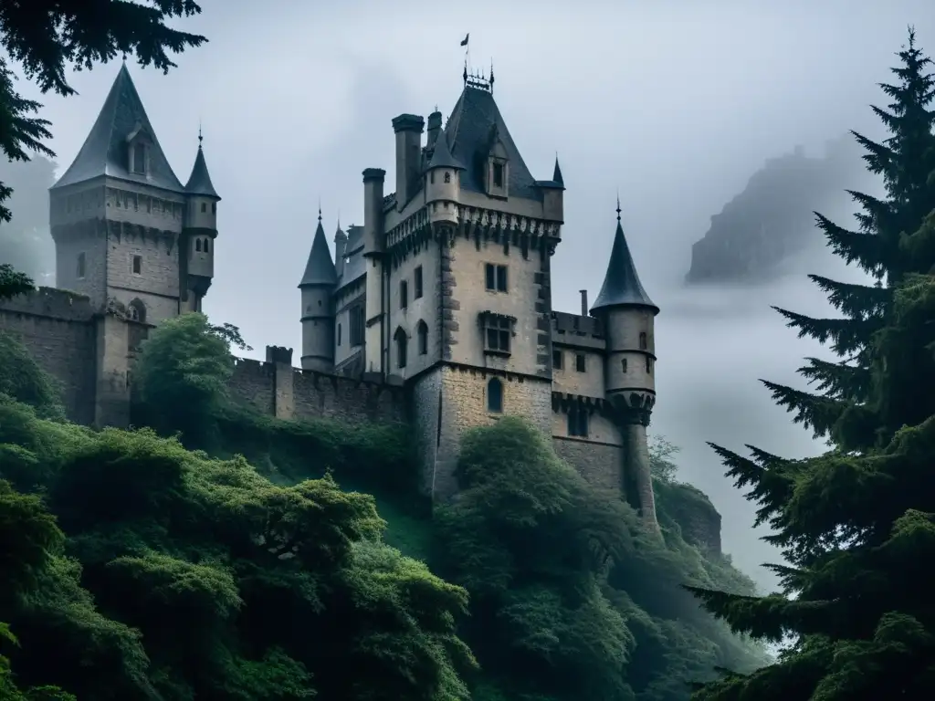 Castillo gótico en la niebla, con sombras y misterio entre los árboles retorcidos