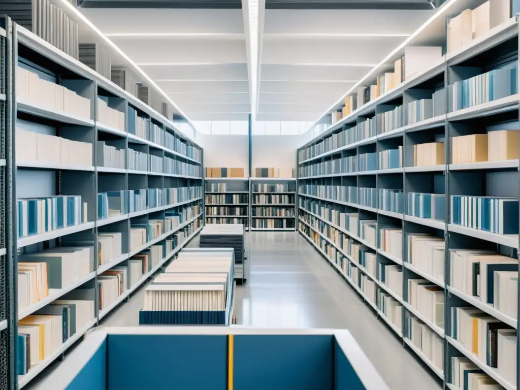 Un centro de distribución de libros moderno y eficiente, bañado en luz natural, con estanterías ordenadas y sistemas automatizados