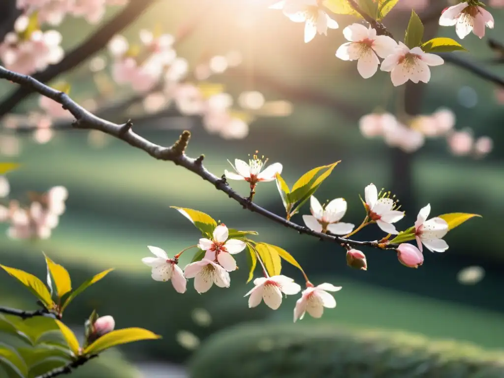 Un cerezo en flor en un jardín japonés, con pétalos rosados cayendo y creando una atmósfera tranquila, reflejando la importancia del haiku en poesía