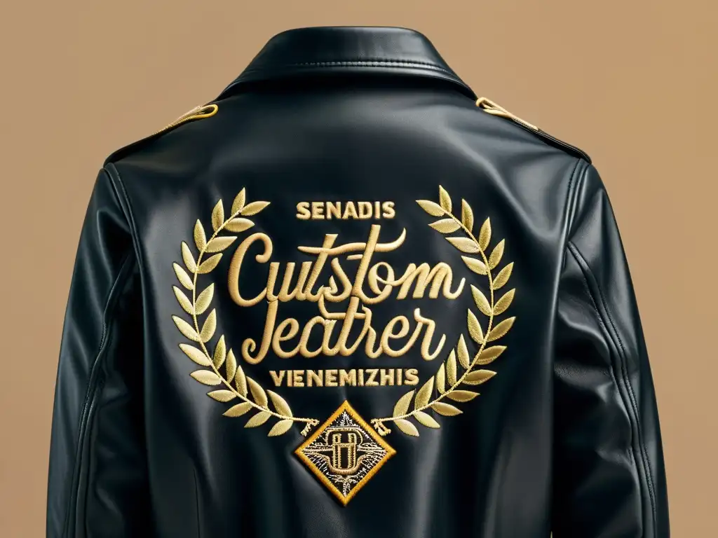 Chaqueta de cuero personalizada con detalles literarios, destacando la artesanía y la elegancia