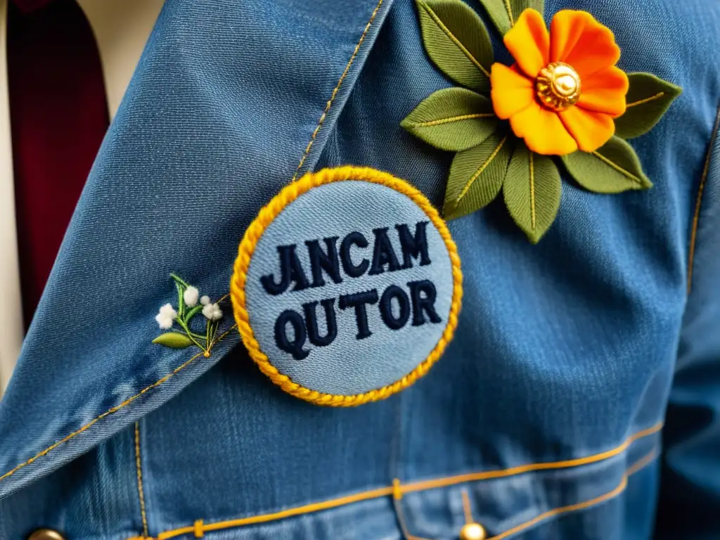 Chaqueta de mezclilla con parche literario bordado Una chaqueta de mezclilla con un parche literario personalizado bordado con una cita clásica, que agrega encanto literario y personalidad