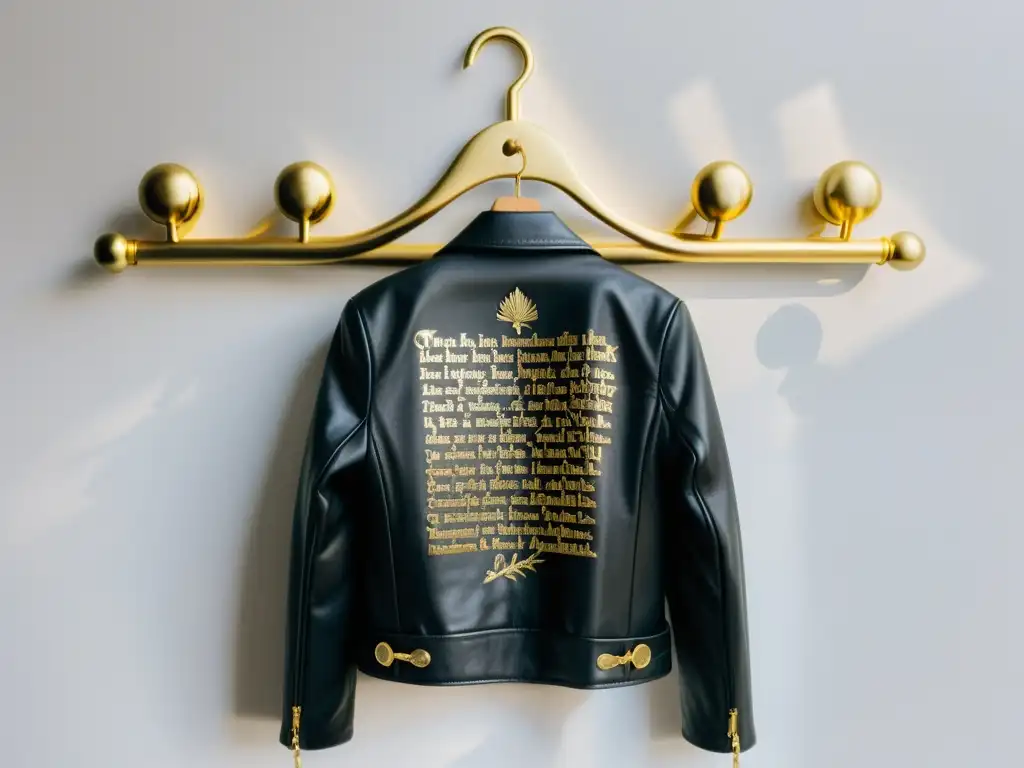 Chaqueta personalizada para amantes de la literatura: elegante diseño negro con bordados dorados de citas literarias y símbolos, colgada en perchero cromado frente a una pared blanca, evocando sofisticación y reverencia literaria