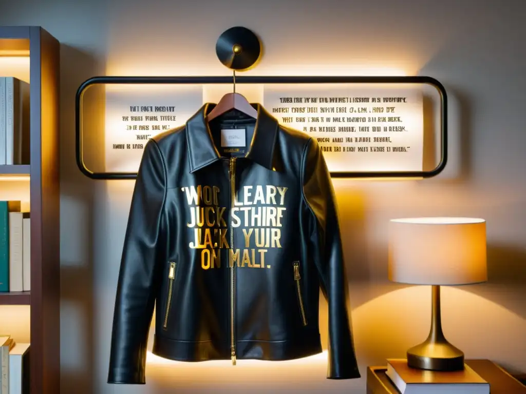 Chaquetas personalizadas para amantes de la literatura: Una elegante chaqueta de cuero negro con citas literarias en relieve en dorado, cuelga en un estudio acogedor repleto de libros, bañado por una cálida luz ambiental