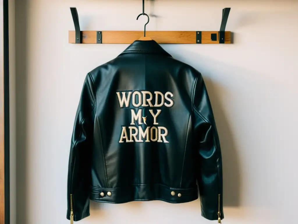 Chaquetas personalizadas para amantes de la literatura: Una imagen minimalista de una chaqueta de cuero negro con la cita 'Las palabras son mi armadura' bordada en elegante caligrafía en la espalda