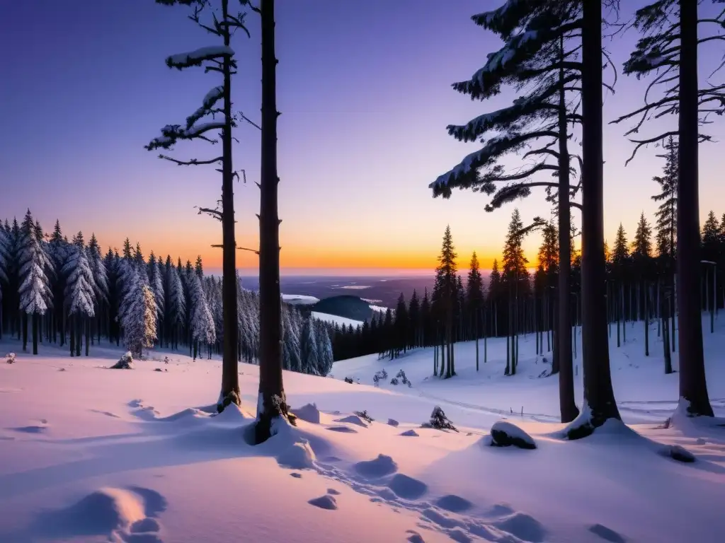 La chica de nieve: un bosque nevado al anochecer, con árboles oscuros recortados contra un cielo morado y naranja