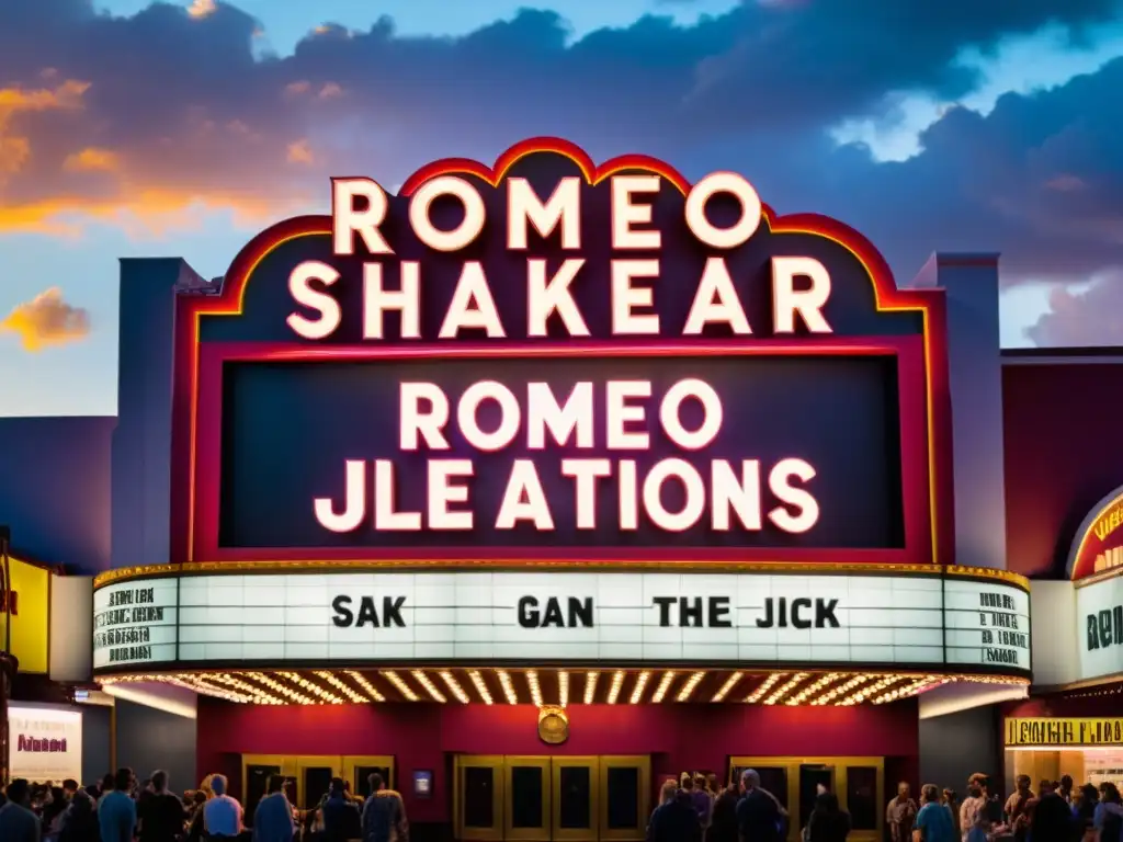 Marquesina de Cine Shakespeare: Adaptaciones Clásicas Marquesina de cine con adaptaciones cinematográficas de Shakespeare, luces vibrantes y una multitud animada al atardecer