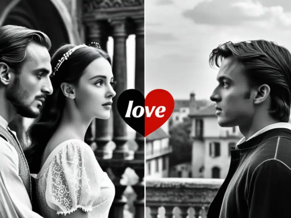 Comparación cinematográfica: escena icónica de Romeo y Julieta en blanco y negro y adaptación moderna en color