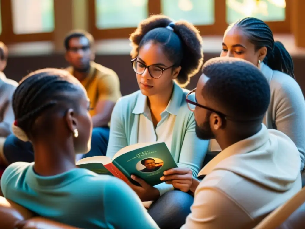 Un círculo de diversidad, cada persona inmersa en un libro distinto, debatiendo apasionadamente sobre literatura