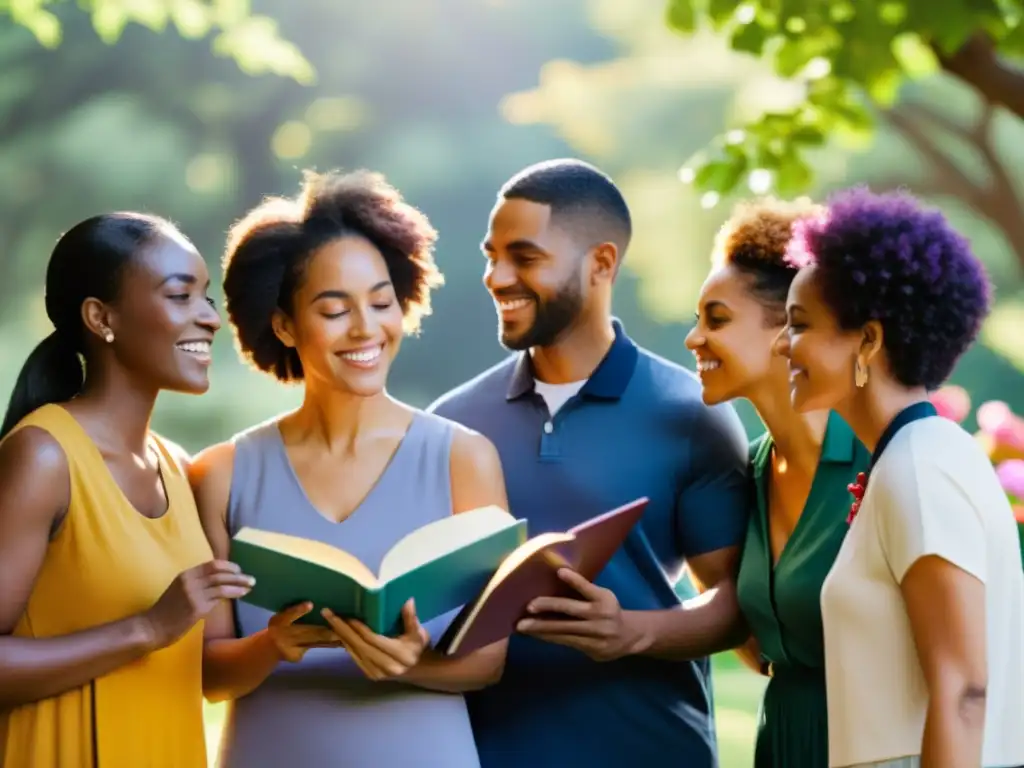 Un círculo de diversidad, cada persona sostiene un libro de poesía, con luz solar entre los árboles