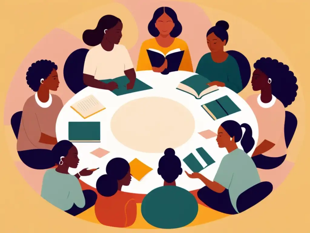 Diálogo literario femenino diverso y vibrante Un círculo diverso de mujeres discute críticamente la literatura, reflejando el diálogo y la inclusión en la crítica feminista diálogos literarios