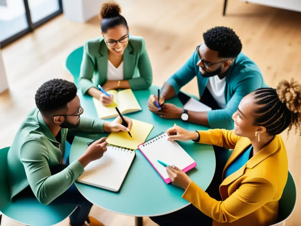 Un círculo de escritores diversos intercambia ideas en un espacio de coworking