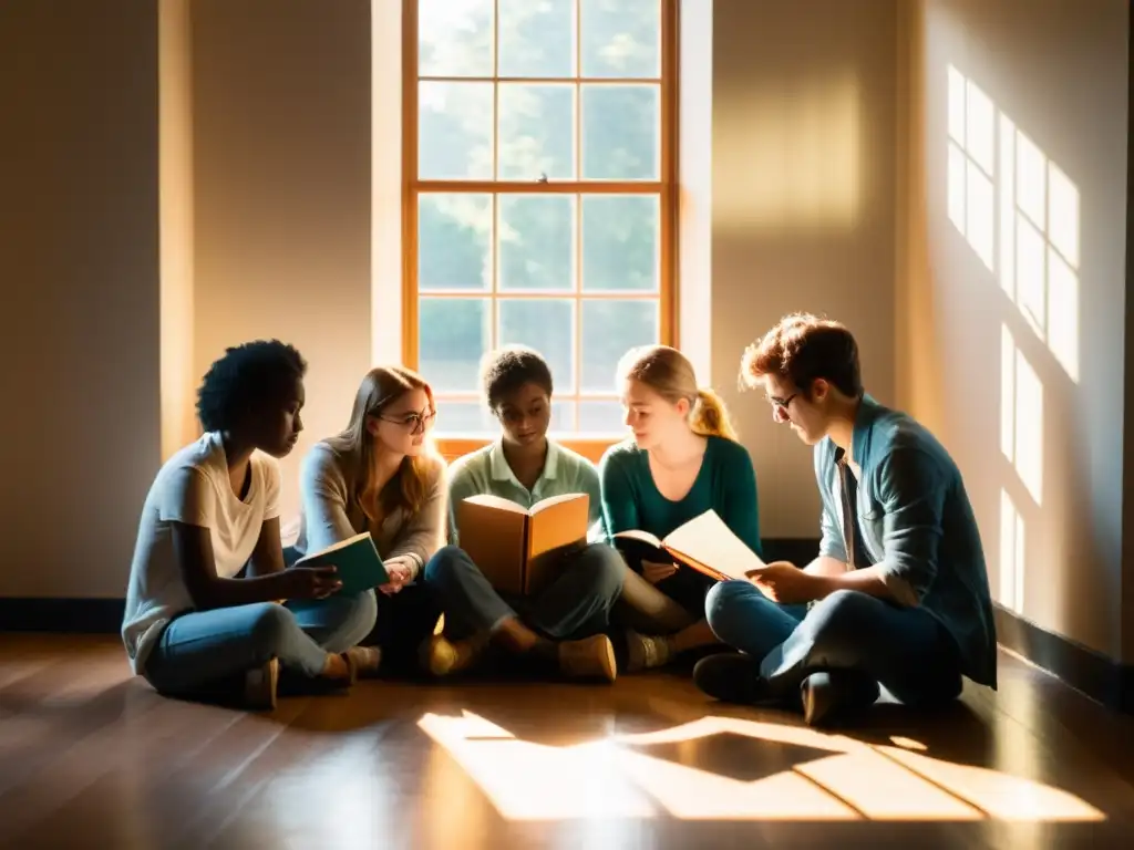 Un círculo de jóvenes escritores debatiendo sobre literatura y escritura, iluminados por la suave luz del sol