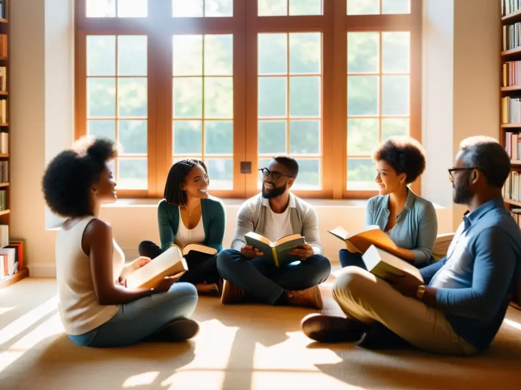 Un círculo de lectores apasionados debatiendo libros bajo la cálida luz del sol