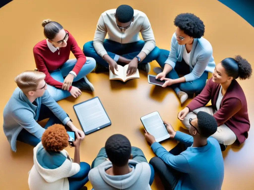 Un círculo de jóvenes discute animadamente un libro, rodeados de tecnología