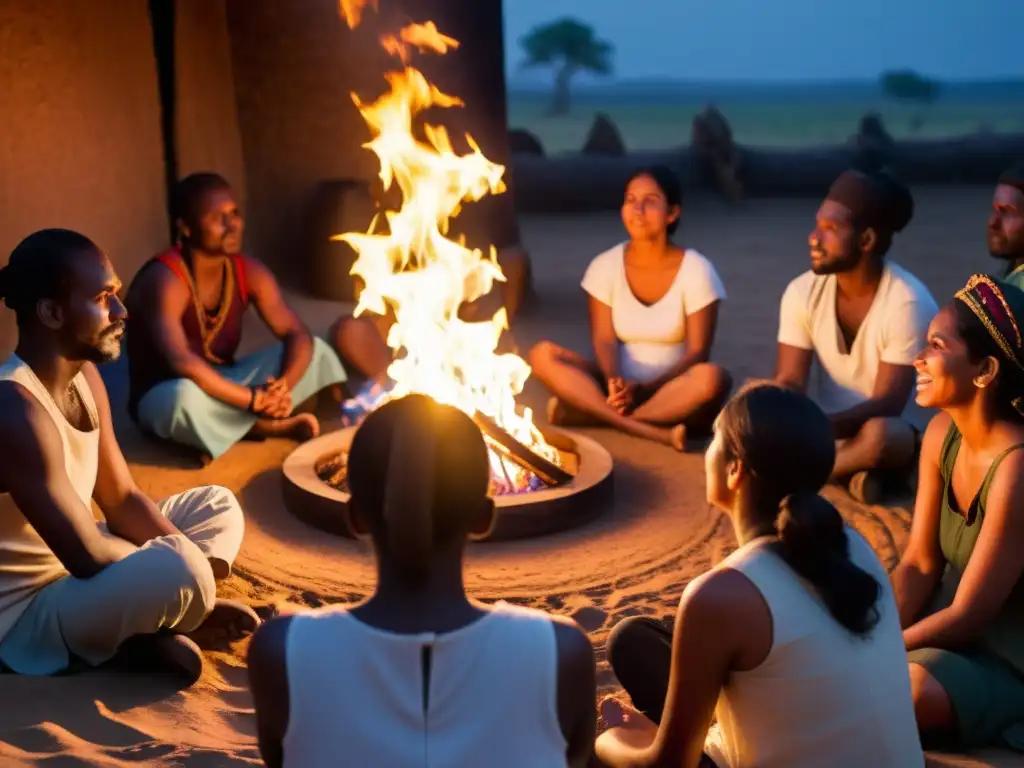 Un círculo de personas escuchando relatos junto al fuego, inmersos en la atmósfera mágica de la tradición oral