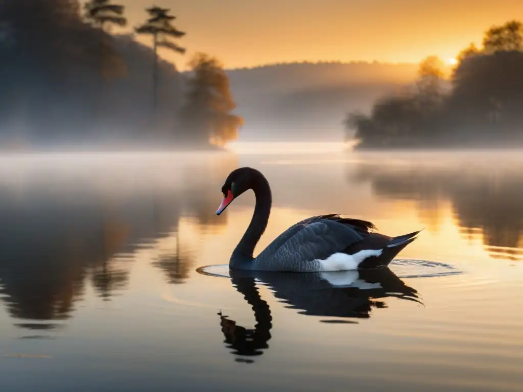 Un cisne negro solitario se desliza por un lago tranquilo, su reflejo se funde en el agua quieta