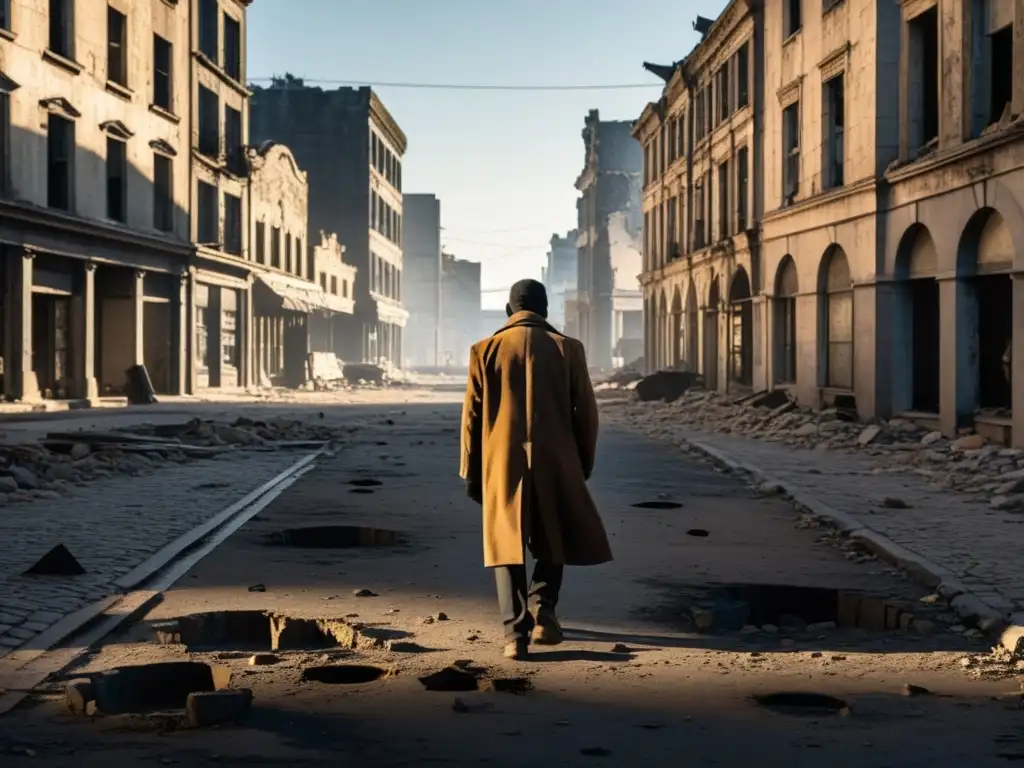 Una ciudad desolada posguerra, con edificios en ruinas y un personaje solitario cargando traumas