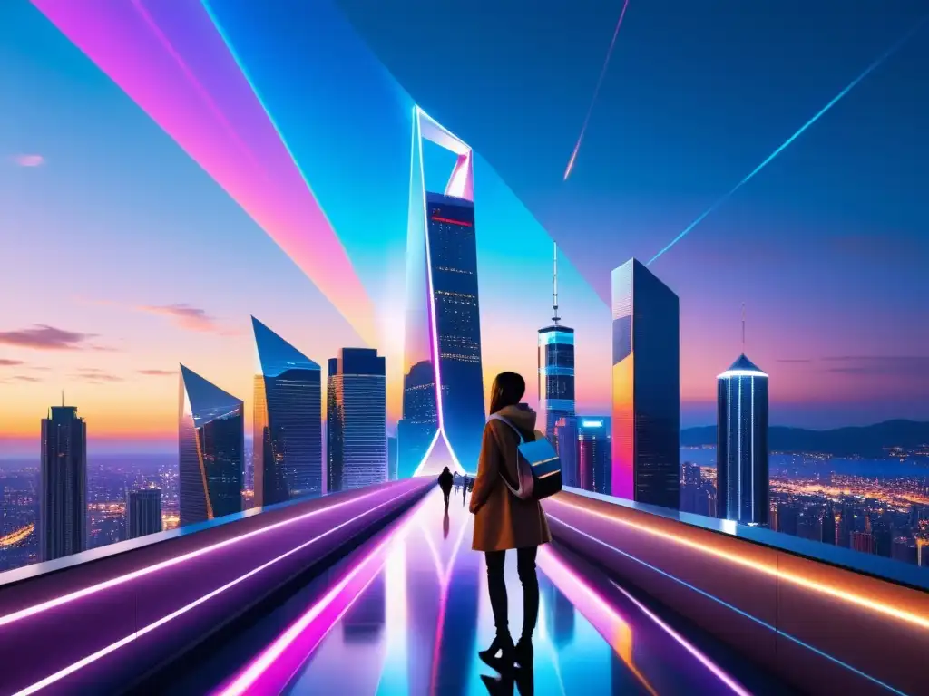 Metrópolis futurista: luces y hologramas en la noche Una ciudad futurista con rascacielos y proyecciones holográficas, conectada por puentes iluminados