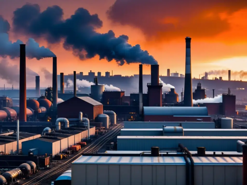 La opresión de la Revolución Industrial: ciudad industrial contaminada Una ciudad industrial abarrotada, con altas chimeneas y fábricas, bajo un cielo naranja y contaminado