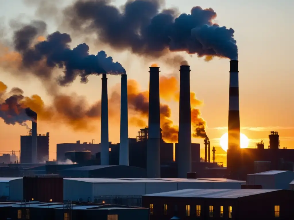 Una ciudad industrial al atardecer, con humo saliendo de las chimeneas, reflejos dorados en los edificios