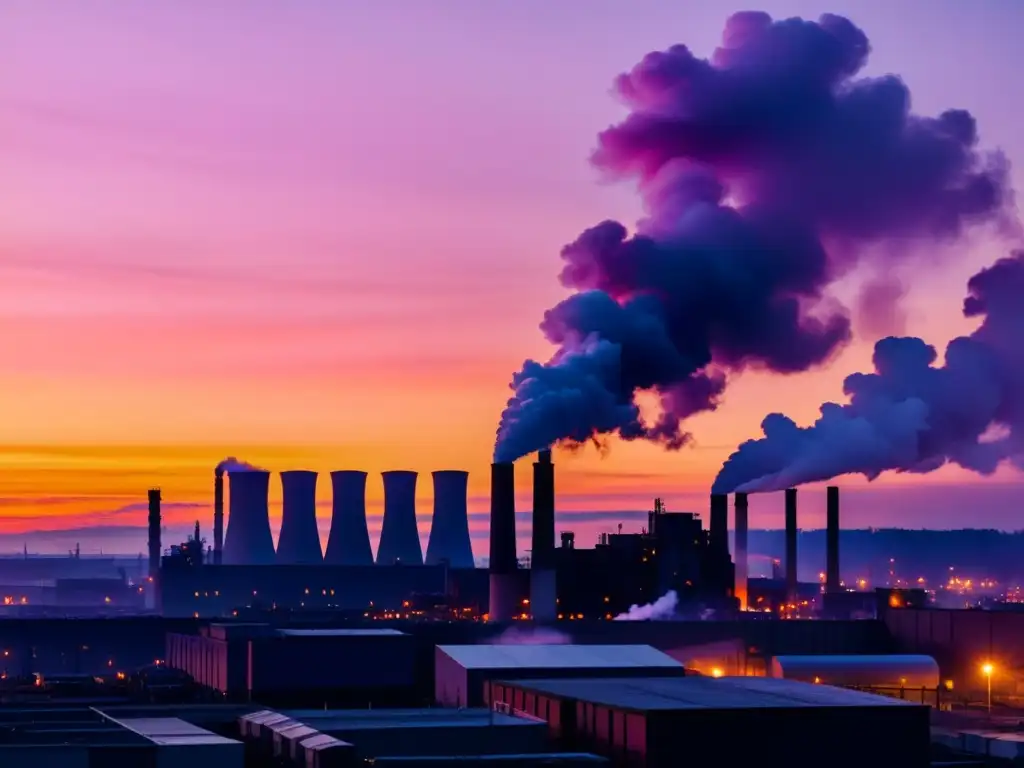 Una ciudad industrial al anochecer, con humeantes chimeneas y una atmósfera de opresiva urbanización