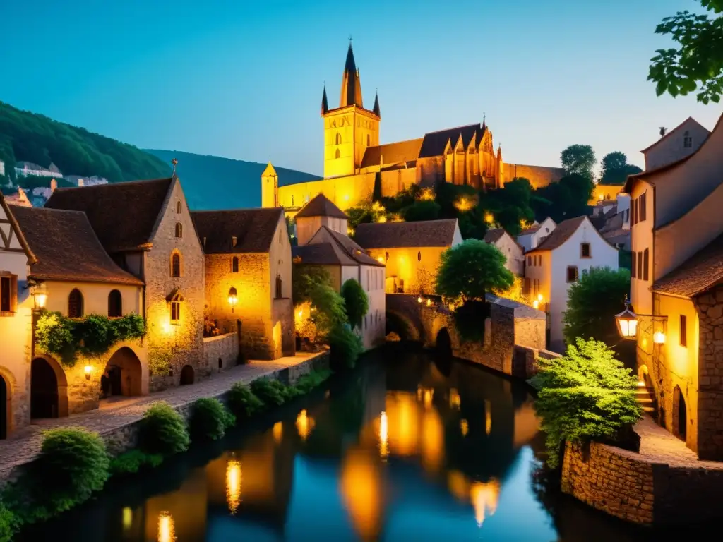 Una ciudad medieval iluminada por tenues luces, con una imponente catedral rodeada de vegetación