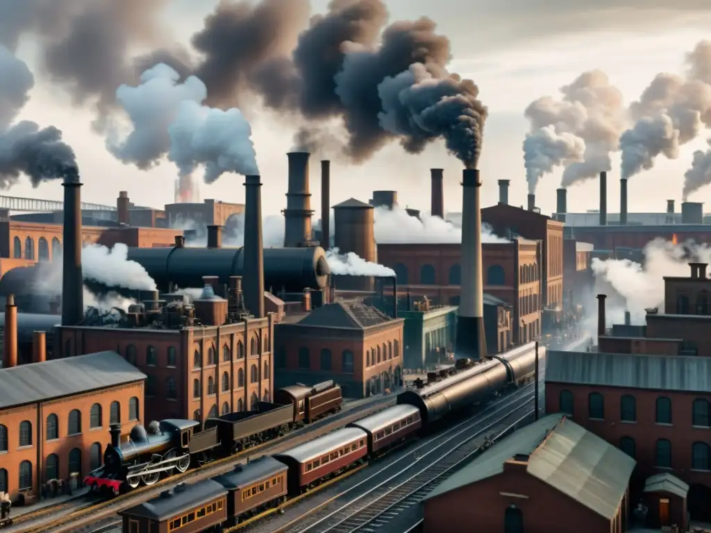 Una ciudad victoriana industrial bulliciosa, con fábricas humeantes y trenes a vapor