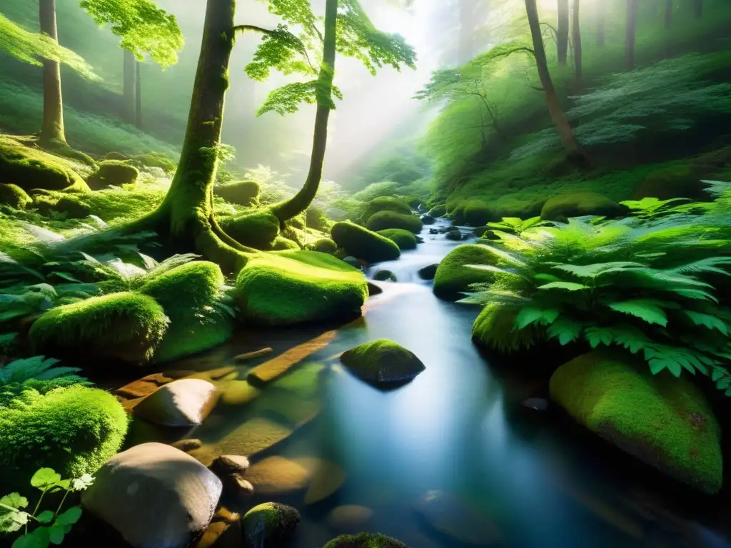 Un claro sereno en el bosque con luz suave entre árboles y un arroyo, transmitiendo tranquilidad y belleza natural