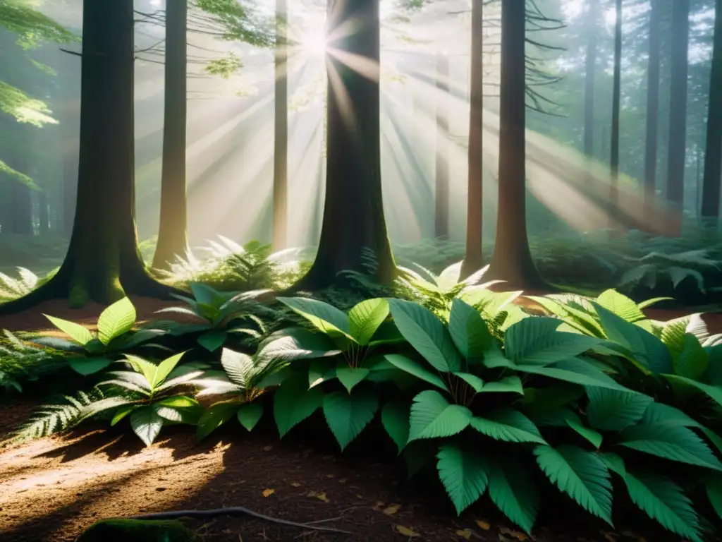 Un claro tranquilo en el bosque, con luz filtrándose entre los árboles