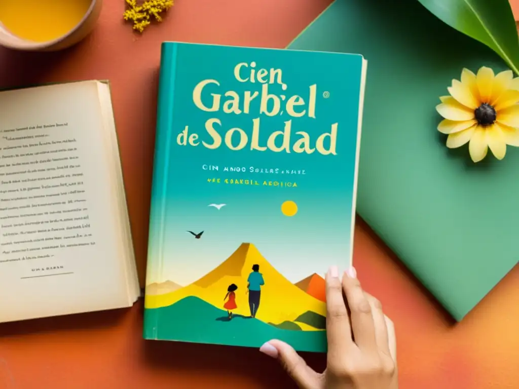 Closeup de 'Cien años de soledad' de Gabriel García Márquez rodeado de escenas de realismo mágico y símbolos latinoamericanos