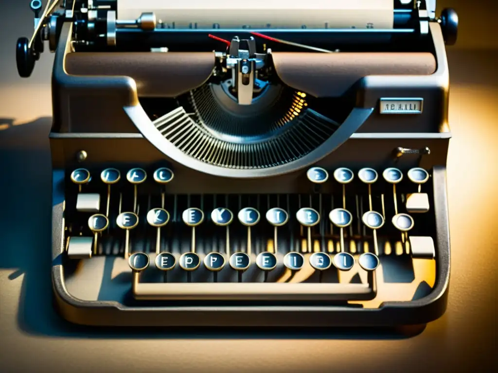 Closeup de una antigua máquina de escribir con detalles metálicos y teclas desgastadas