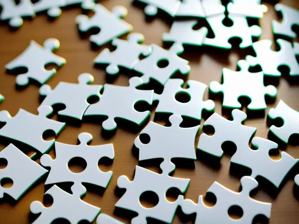 Puzzle vintage con piezas dispersas: narrativa fragmentada Closeup de un rompecabezas vintage con piezas dispersas en una superficie blanca, evocando una narrativa fragmentada y la insoportable levedad del ser