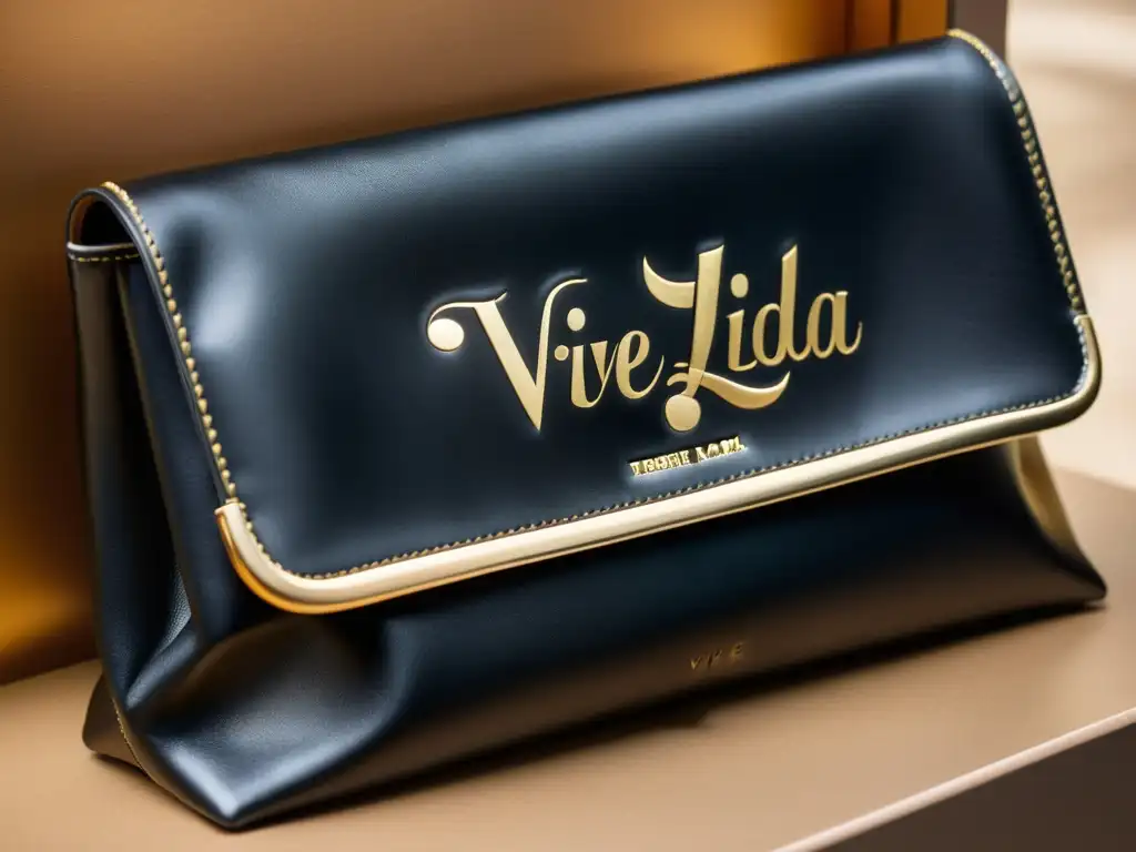 Un clutch de cuero negro mate con la frase 'Vive la vida' en caligrafía dorada