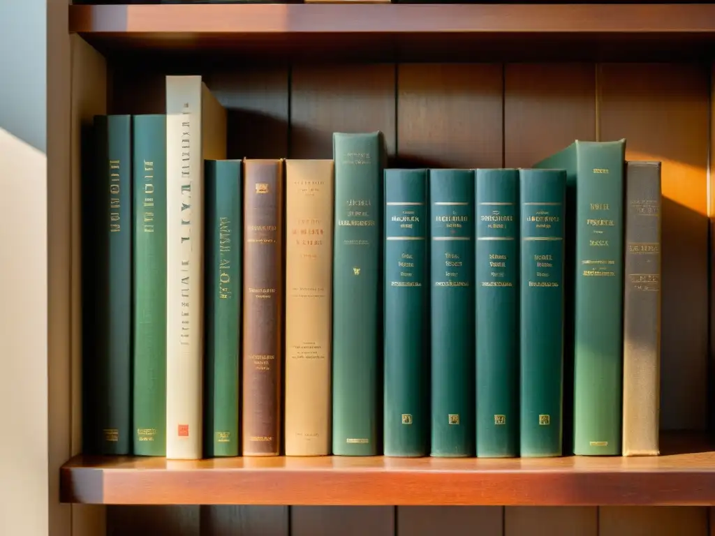 Una colección de empaques literarios, libros vintage en un estante de madera con luz natural filtrándose