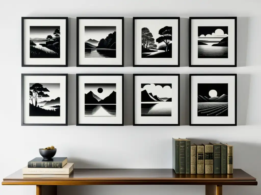 Impresiones litográficas de la literatura clásica en blanco y negro Una colección litográfica de grabados literarios enmarcados en blanco y negro, mostrando escenas de la literatura clásica