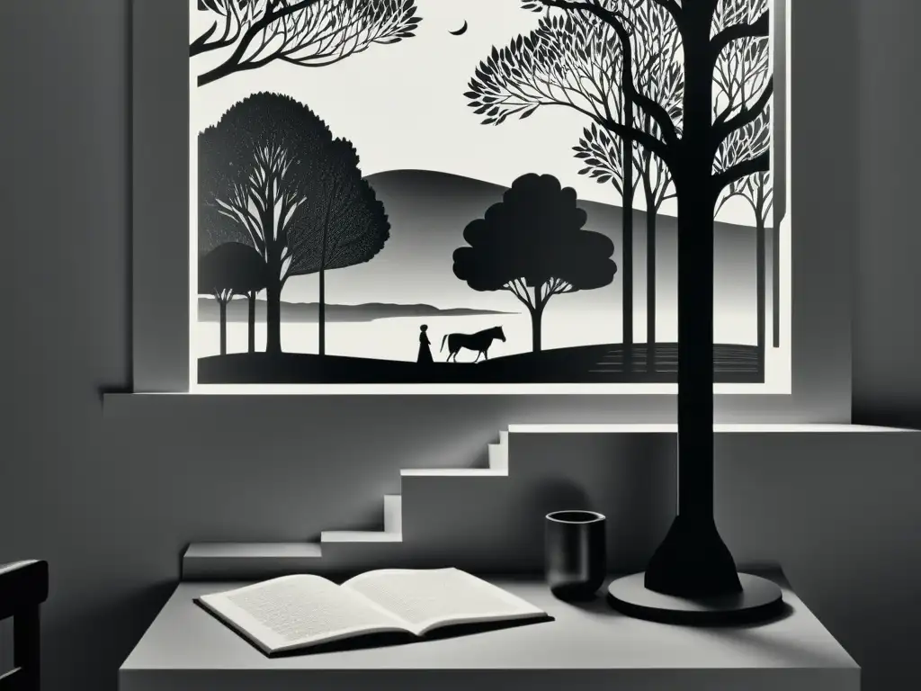 Litografía minimalista en blanco y negro de escena literaria clásica Una colección litográfica de grabados literarios en blanco y negro, con detalles delicados que capturan la esencia literaria