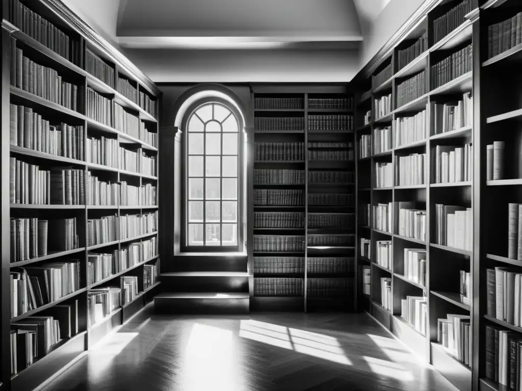 Biblioteca serena: litografía detallada en blanco y negro Una colección litográfica de grabados literarios: detallada escena de biblioteca con libros antiguos, luz suave y atmósfera serena en blanco y negro