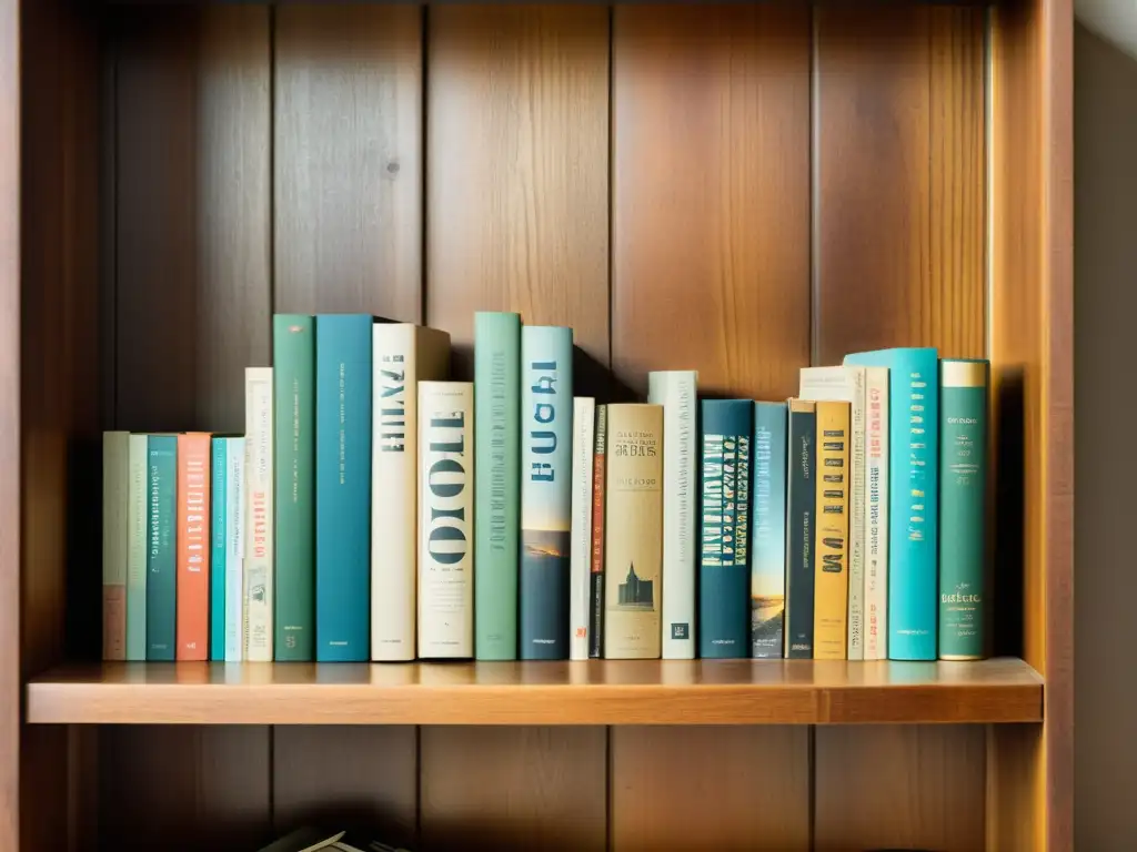 Una colección de revistas literarias antiguas en una estantería de madera, iluminadas por luz natural, evocando nostalgia y calidez